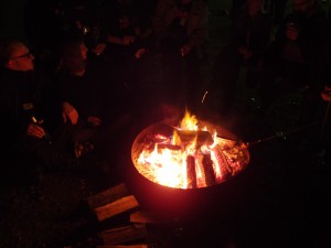 Nighttime bonfire with
people